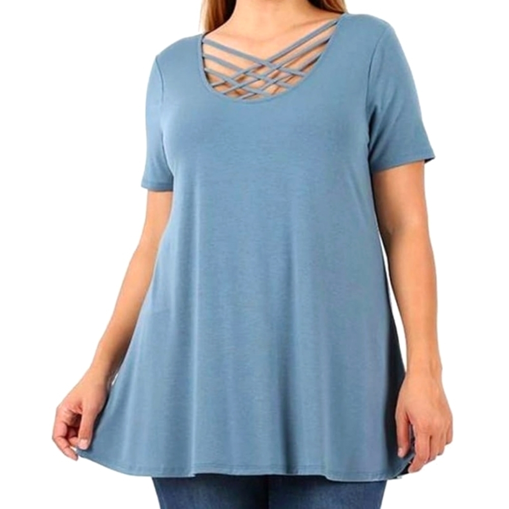ZENANA Cement Blue Criss-Cross Neckline Short Sleeve Size 3XL NWT